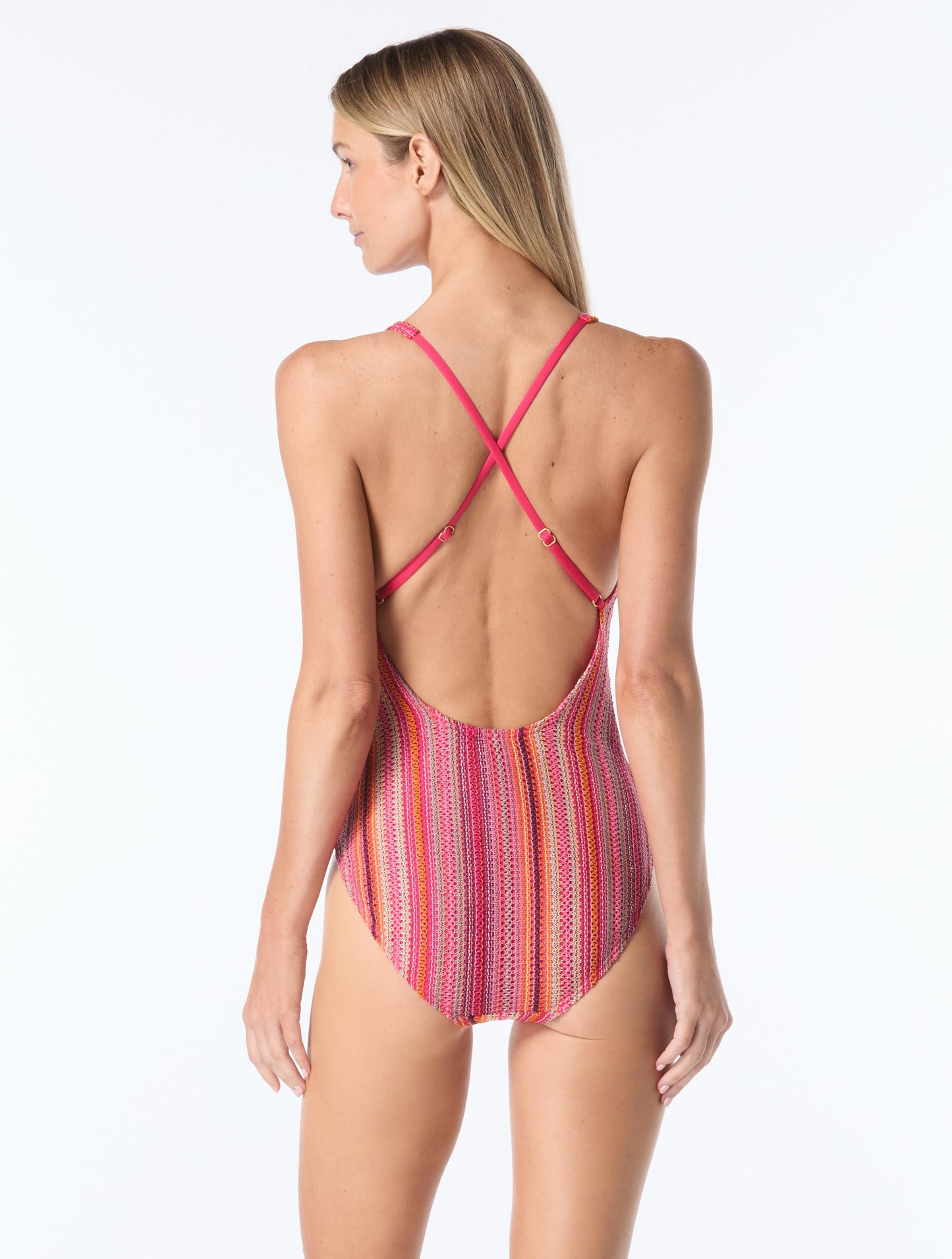 Vince Camuto Plunge Ring One Piece Swimsuit - Stripe Crochet