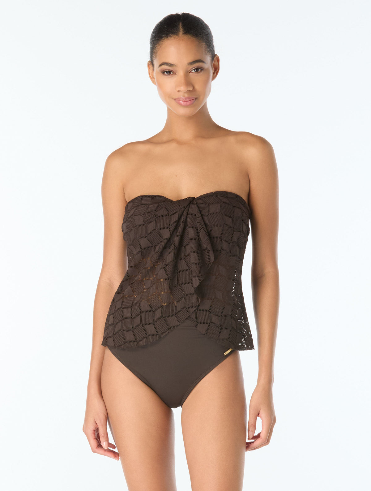 Vince Camuto Draped Bandeau Textured Tankini Top - Geo Crochet - 212 CHOCOLATE