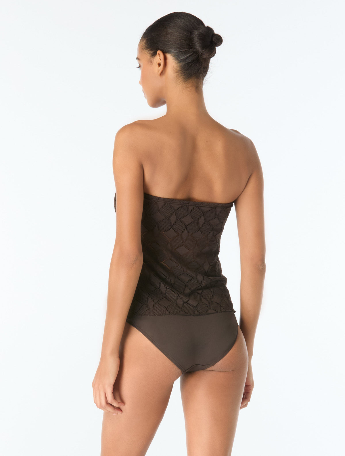 Vince Camuto Draped Bandeau Textured Tankini Top - Geo Crochet - 212 CHOCOLATE