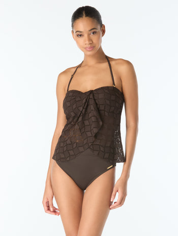 Vince Camuto Draped Bandeau Textured Tankini Top - Geo Crochet - 212 CHOCOLATE