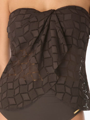 Vince Camuto Draped Bandeau Textured Tankini Top - Geo Crochet - 212 CHOCOLATE