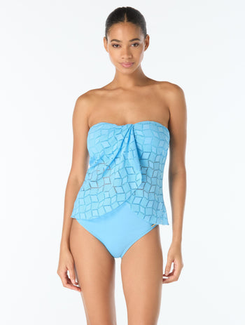 Vince Camuto Draped Bandeau Textured Tankini Top - Geo Crochet - 424 COASTAL BLUE