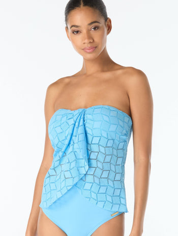 Vince Camuto Draped Bandeau Textured Tankini Top - Geo Crochet - 424 COASTAL BLUE