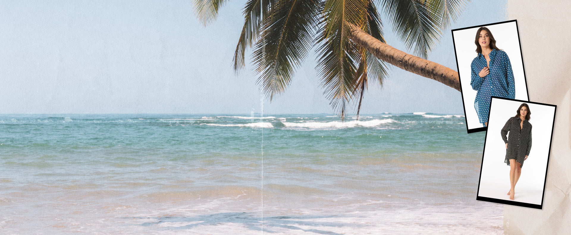 Beach photo with photos of woman in polka dot cover up
