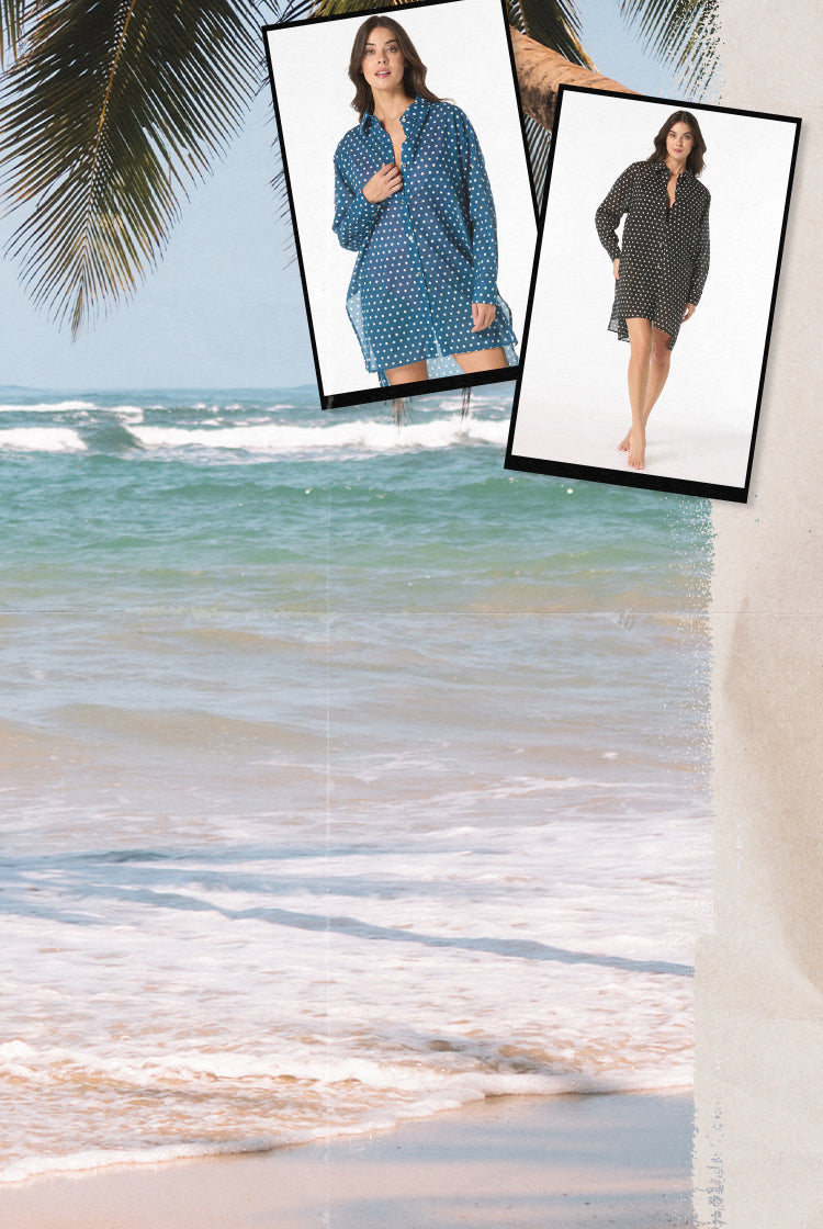 Beach photo with photos of woman in polka dot cover up