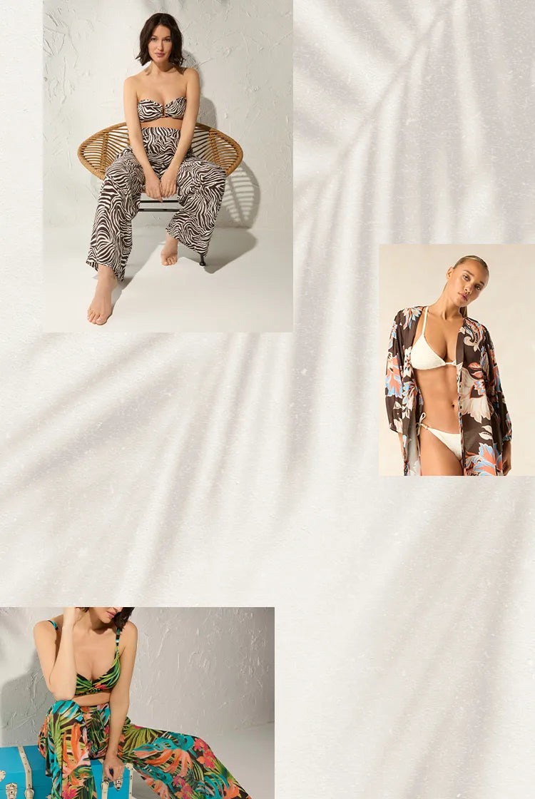 beige background with shadow of tropical leaves and photos of women wearing various swimsuits with matching cover ups
