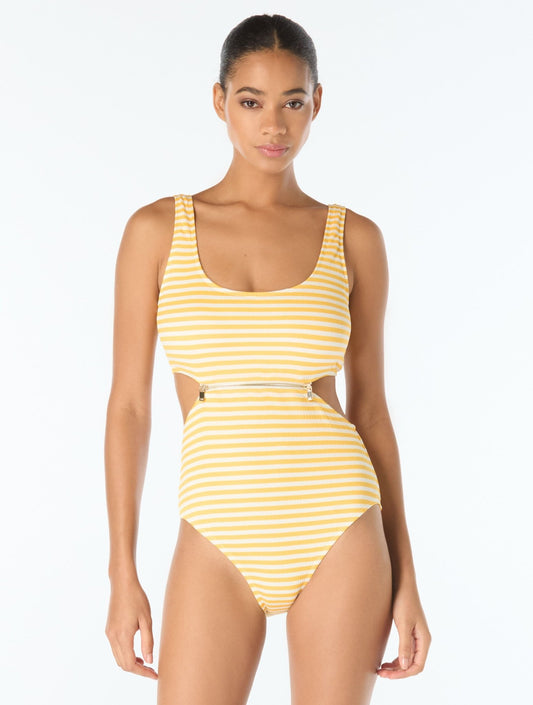 Michael Kors Cutout Zip Front Textured One Piece Swimsuit - St Tropez Stripe - Beach2Ocean