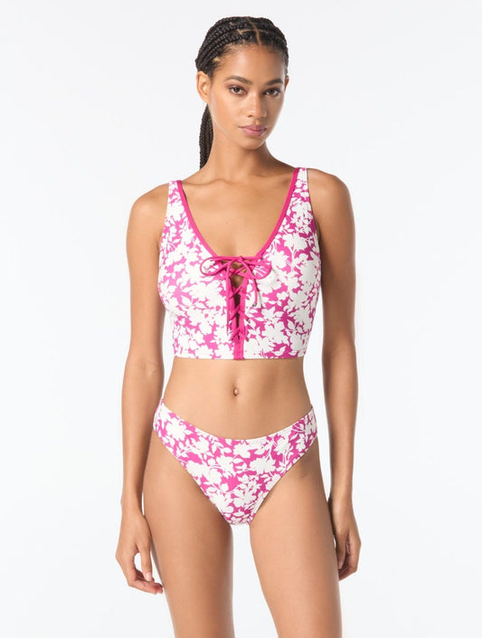 MICHAEL Michael Kors Lace Up Crop Top - Monotone Floral - 693 BRIGHT WILD BERRY
