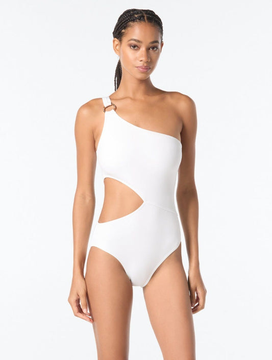 MICHAEL Michael Kors One Shoulder One Piece Swimsuit - Hardware Solids - 100 White